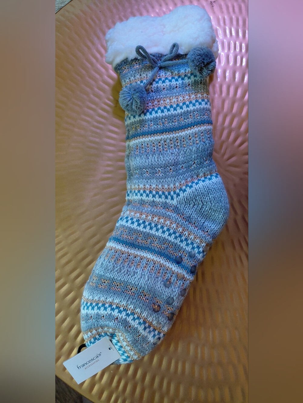 Francesca's Collections Blue & Cream Fair Isle Plush-Lined Slipper Socks NWT